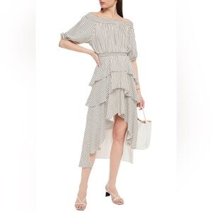 Maje Striped Off-Shoulder, Tiered, Ruffle Dress